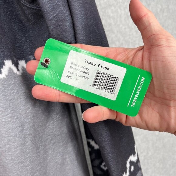 Tipsy Elves Moose Jumpsuit Size M Black Gray One Piece Lounger Zip Up Hood NEW - Picture 7 of 15